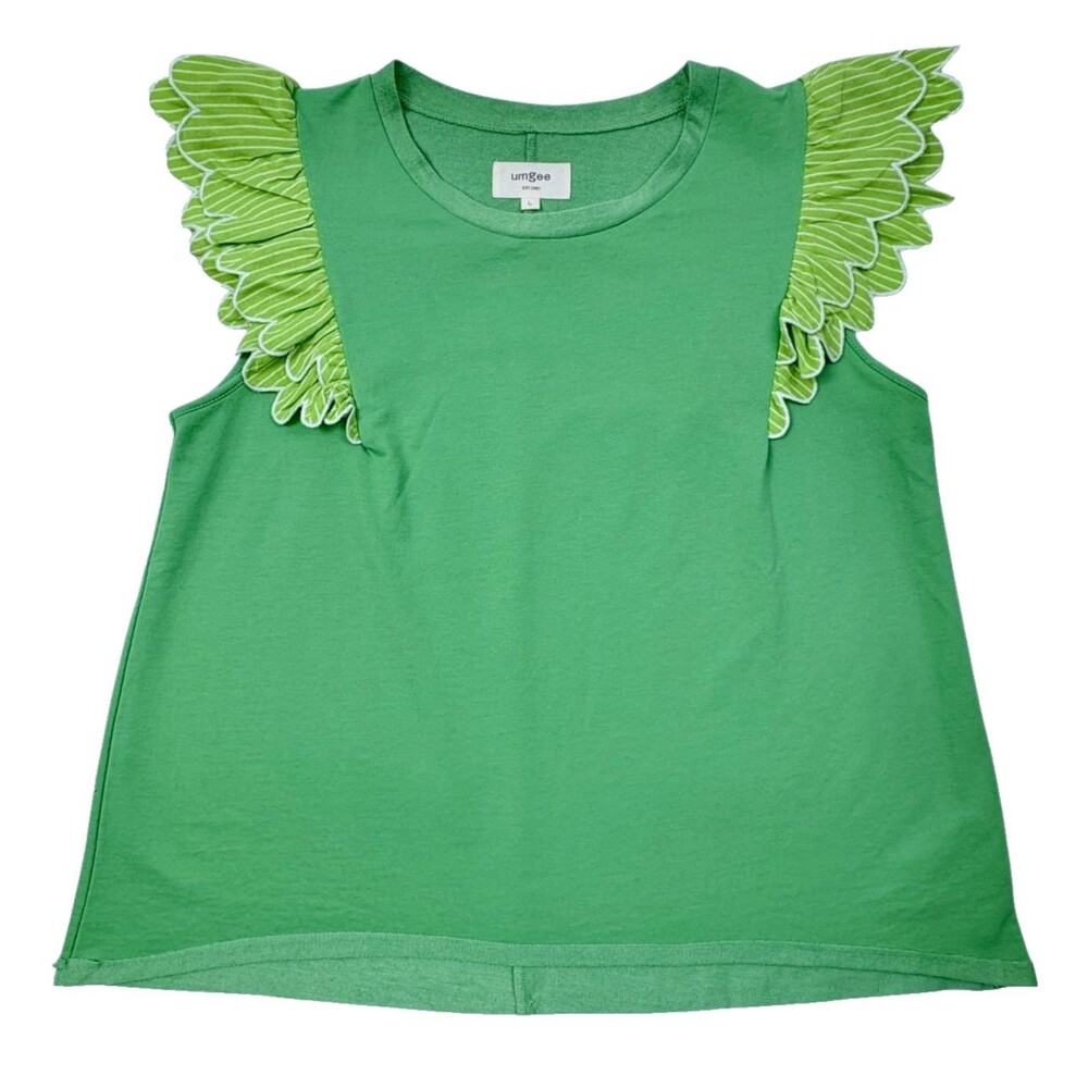 Umgee Green Ruffle Sleeve Top L Contrast Stripe Scallop Trim Boutique